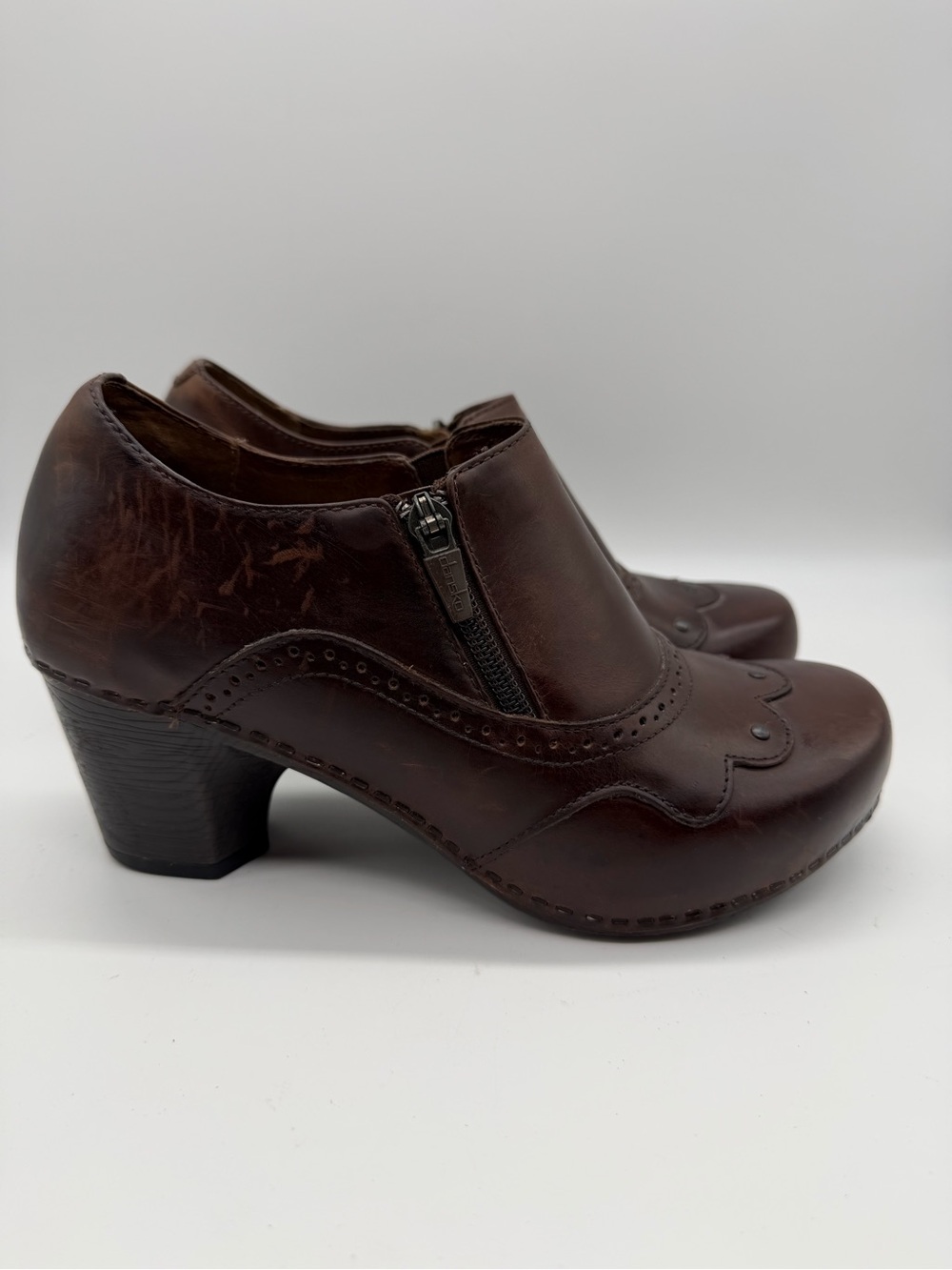 Dansko Nancy Boots Womens 38 / US 7.5 Brown Leather Comfort Clog Block Heel Zip